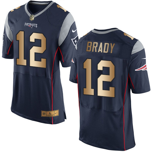 Nike Patriots #12 Tom Brady Navy Blue Team Color Men's Stitched NFL New Elite Gold Jersey - Click Image to Close